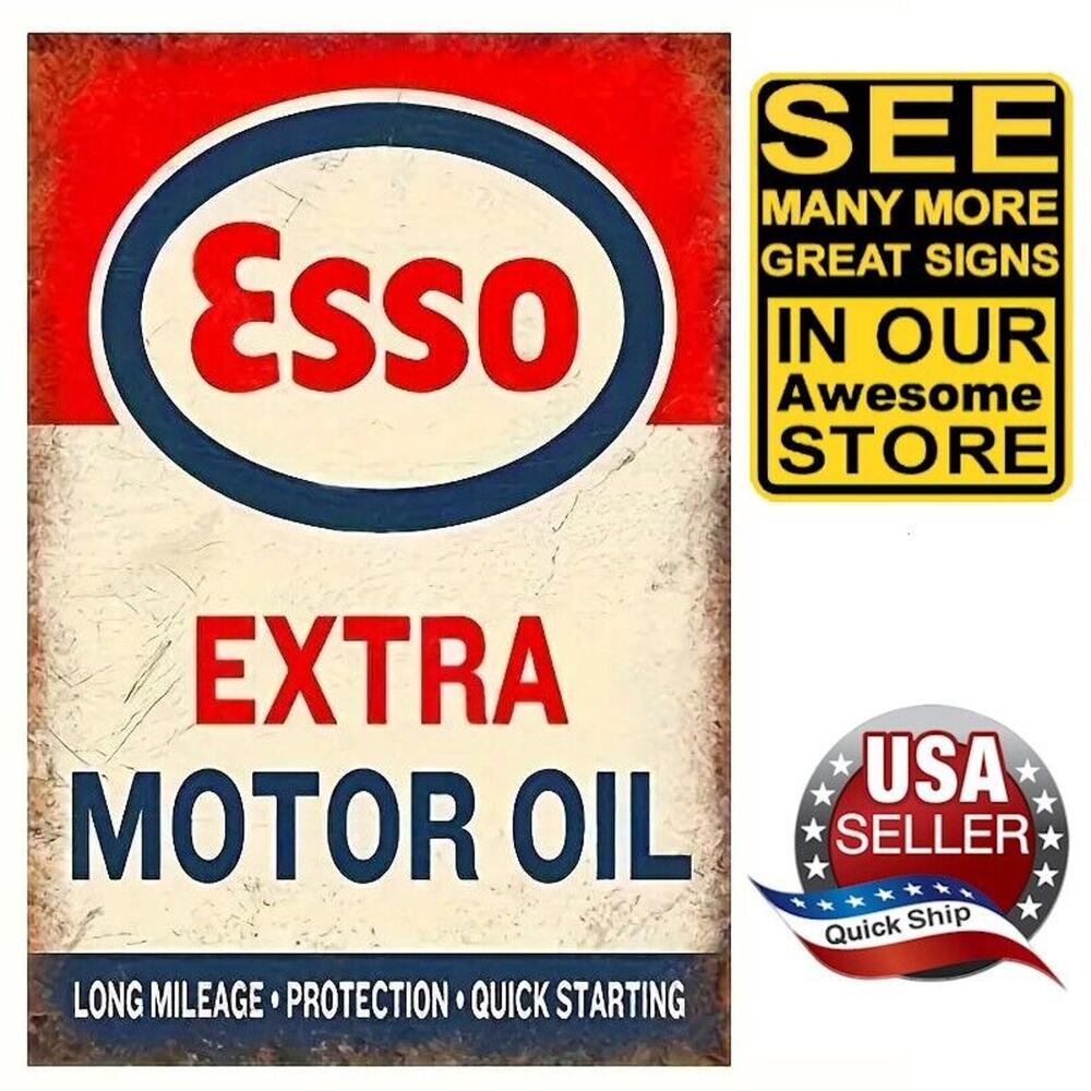 Metal Tin Sign • Esso Extra Motor Oil • Long Mileage Protection • Quick Starting